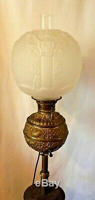 Antique Piano Organ Floor Brass GWTW Oil Lamp Frosted Globe Ball Electrified