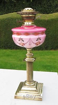 Antique Pink Hand Painted Glass & Brass Column Duplex Oil Lamp Flowers/Swags