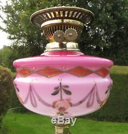 Antique Pink Hand Painted Glass & Brass Column Duplex Oil Lamp Flowers/Swags