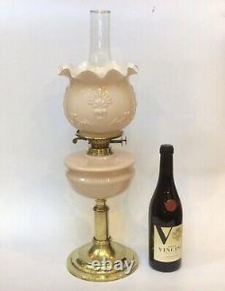 Antique Pink Oil Lamp Moulded Glass Pink Opaque Shade Brass Base Duplex Oil Lamp