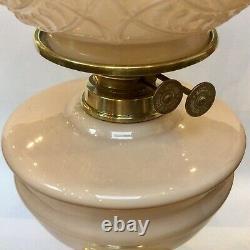 Antique Pink Oil Lamp Moulded Glass Pink Opaque Shade Brass Base Duplex Oil Lamp