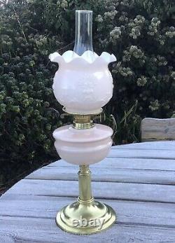 Antique Pink Oil Lamp Moulded Glass Pink Opaque Shade Brass Base Duplex Oil Lamp