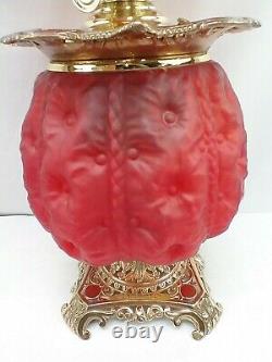 Antique Pittsburgh Success Sunken Hollyhock Button Tuft Red Satin GWTW Oil Lamp