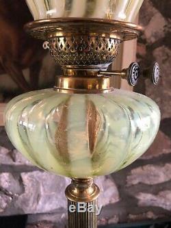 Antique Powell Uranium Vaseline Straw Opal Glass OIL LAMP Young's No. 1 burner