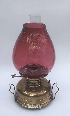 Antique Pulpit Room Heater Oil Lamp Brass And Cranberry Glass Honeycomb Shade. A