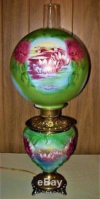 Antique Rare GWTW Oil Lamp Electrified (Rare Lily in the Pond Pattern)