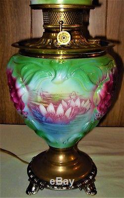 Antique Rare GWTW Oil Lamp Electrified (Rare Lily in the Pond Pattern)