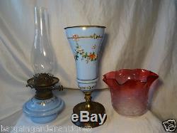Antique Rare Museum Original Hinks Glass No 2 Duplex Oil Lamp & Cranberry Shade