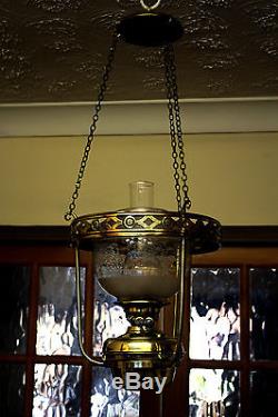 Antique Rare Victorian Hanging Duplex Oil Lamp with Brass Font & Original Shade