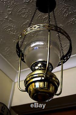 Antique Rare Victorian Hanging Duplex Oil Lamp with Brass Font & Original Shade
