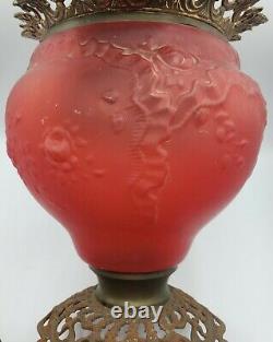 Antique Red Satin Glass Twin Burner Kero Parlor Lamp McKenney & Waterbury Boston