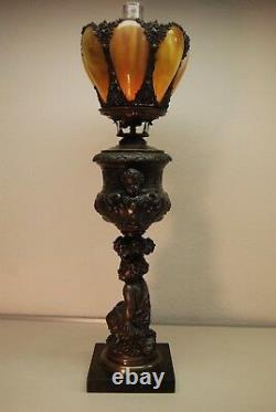 Antique Rococo Victorian Boston Sandwich Slag Amber Glass Kerosene Cherub Lamp