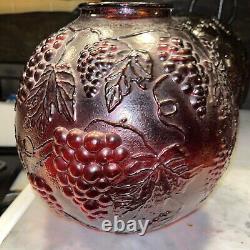 Antique Ruby Red 10x10 Glass Globe Lamp Shade Raised Leaf Grapes 3.5 Fitter