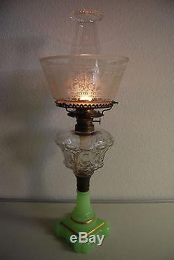 Antique Sandwich Glass Oil Old Parlor Kerosene Apple Green Eapg American Lamp