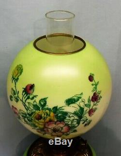 Antique Signed Pittsburgh GWTW Oil Lamp Electrified Green Purple Floral
