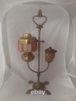 Antique Slag Glass Student Oil Lamp 13 Tall