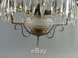 Antique Steel Mantel Hanging Oil Lamp Hobnail Glass Clear Collectible