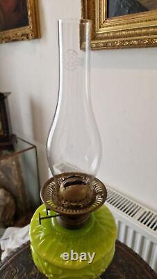 Antique Swan Brand Oil Lamp With Large Apple Green Font And Chimney H63cm