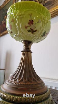 Antique Swan Brand Oil Lamp With Large Apple Green Font And Chimney H63cm