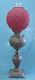 Antique THE PARKER LAMP Banquet Oil Lamp with Satin Red Globe