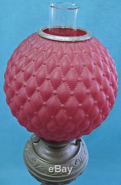 Antique THE PARKER LAMP Banquet Oil Lamp with Satin Red Globe