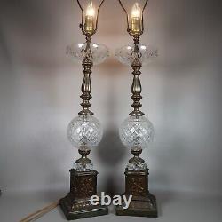 Antique Tall Pedestal Brass Electrified Oil Lamps Set 2 Ornate Statement Vintage