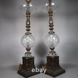 Antique Tall Pedestal Brass Electrified Oil Lamps Set 2 Ornate Statement Vintage