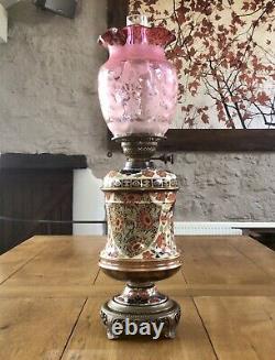 Antique Taylor Tunnicliffe/Hinks Oil Lamp Etched Cranberry Glass Shade Imari
