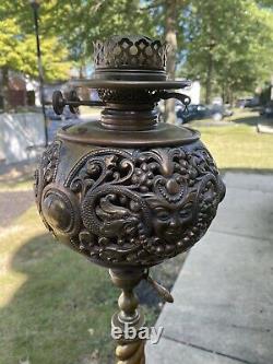 Antique VICTORIAN Brass PIANO FLOOR LAMP NY OIL PARLOR DRAGONS BUDDHA KEROSENE