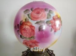 Antique VICTORIAN Era Gone with the Wind Oil LampHand Painted RosesConverted