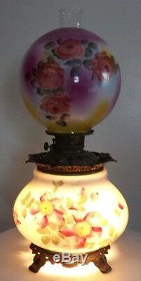 Antique VICTORIAN Era Gone with the Wind Oil LampHand Painted RosesConverted