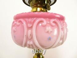 Antique VICTORIAN OIL LAMP Electrified ACID ETCHED CRANBERRY RUFFLE SHADE & FONT