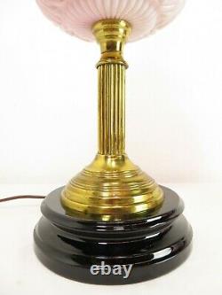 Antique VICTORIAN OIL LAMP Electrified ACID ETCHED CRANBERRY RUFFLE SHADE & FONT