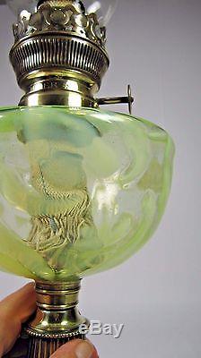 Antique Vaseline Glass Table Oil Lamp Victorian Foliage Parlor Matador 20 Burner