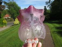 Antique Veritas Victorian Tulip Cranberry Acid Etched Duplex Oil Lamp Shade