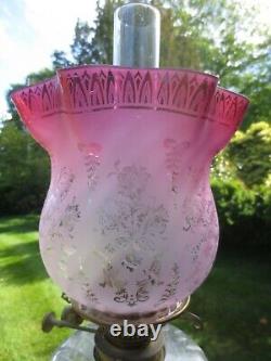 Antique Veritas Victorian Tulip Cranberry Acid Etched Duplex Oil Lamp Shade