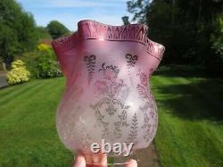 Antique Veritas Victorian Tulip Cranberry Acid Etched Duplex Oil Lamp Shade