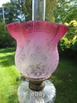 Antique Veritas Victorian Tulip Cranberry Acid Etched Duplex Oil Lamp Shade