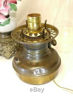 Antique Vict. Gwtw Parlor Hurricane Lamp Cast Iron Wild Rose Oil Lamp Electric
