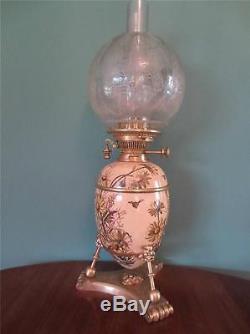 Antique Victorian (1870) Hinks Gilt & Ceramic Oil Lamp With Etched Glass Shade