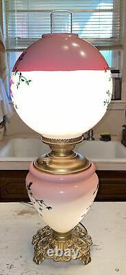 Antique Victorian 24 Hand Painted Gwtw Banquet Parlor Converted 3-way Oil Lamp