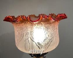 Antique Victorian Acid Etched Cranberry Oil Lamp Shade Lampshade Light Shade