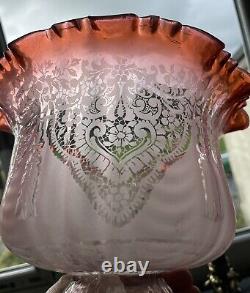 Antique Victorian Acid Etched Cranberry Oil Lamp Shade Lampshade Light Shade