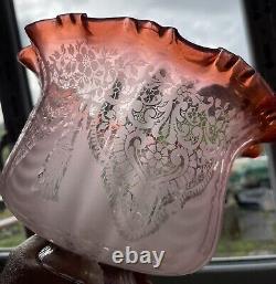 Antique Victorian Acid Etched Cranberry Oil Lamp Shade Lampshade Light Shade