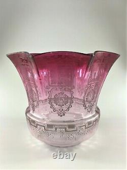 Antique Victorian Acid Etched Cranberry Tinted Oil Lamp Shade No Damage