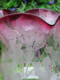 Antique Victorian Art Nouveau Cranberry Glass Oil Lamp Shade Calla Lily Design