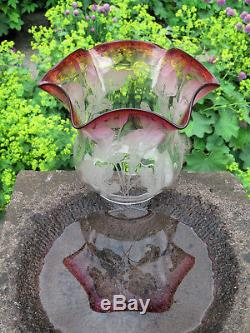 Antique Victorian Art Nouveau Cranberry Glass Oil Lamp Shade Calla Lily Design