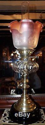 Antique Victorian Art Nouveau HINKS OIL LAMP duplex etched cranberry shade 4