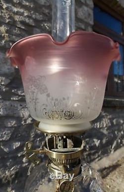 Antique Victorian Art Nouveau HINKS OIL LAMP duplex etched cranberry shade 4