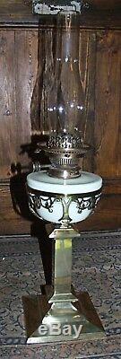 Antique Victorian Arts & Crafts brass OIL LAMP HINKS vaseline glass drop-in font